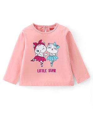 Babyhug Cotton Knit Full Sleeves T-Shirt With Kitty Graphics - Pink