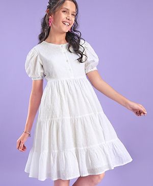 Pine Kids Half Sleeves Cotton Dobby Front Open Tier Frock - White