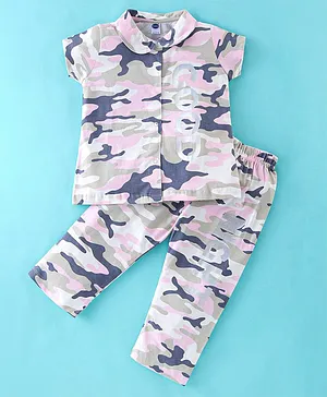 Teddy Sinker Half Sleeves Night Suit With Camouflage Print - Grey & Pink