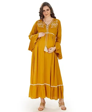 Mom for sure by Ketki Dalal Full Sleeves Floral Embroidered Maternity Dress With Front Concealed Zipper Nursing Access - Mustard Yellow