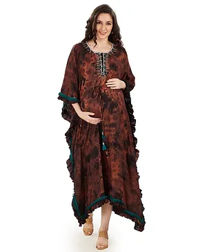 Mom for sure by Ketki Dalal Three Fourth Batwing Sleeves Abstract Crumple Tie & Dye Maternity & Nursing Kaftan Dress - Brown