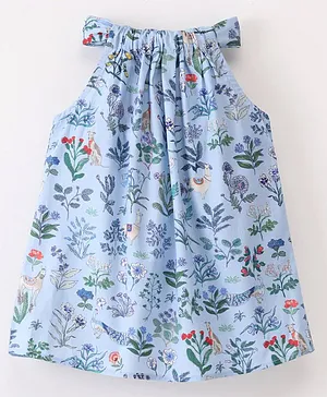 Hugsntugs Sleeveless All Over Botanical Flowers & Animals Printed Top With Back Tie Up - Blue