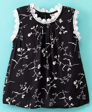 Hugsntugs Sleeveless All Over Flower Stem Printed & Lace Embellished Top - Black