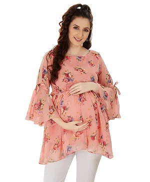 Mom for sure by Ketki Dalal Three Fourth Sleeves Maternity Cum Nursing Floral  Printed Top - Peach