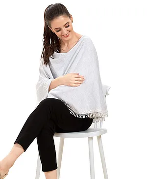 Mom for sure by Ketki Dalal Full Sleeves Nursing Cape Embroidered Cotton Lace At Hem Maternity Kaftan Top - Grey