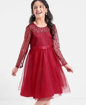 Pine Kids Full Sleeves Glittered Knee Length Party Wear Dress - Red