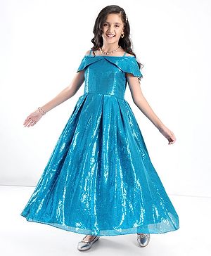 Pine Kids Cold Shoulder Sleeves Sequined Floor Length Party Gown - Frozen Blue