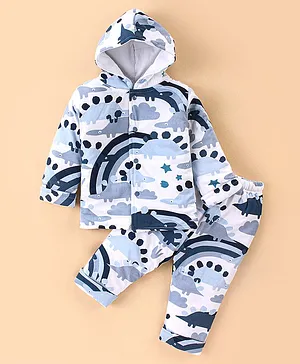 Simply Foam Full Sleeves Hooded Winter Night Suit Dino Print - White & Blue