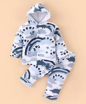 Simply Foam Full Sleeves Hooded Winter Night Suit Dino & Stars Print - White & Blue