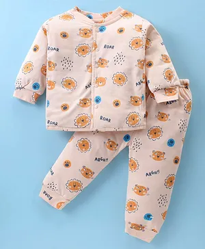 Simply Foam Full Sleeves Winter Night Suit Lion Print - Peach
