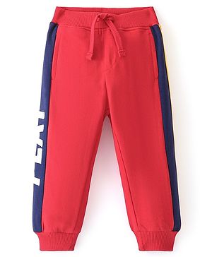 Babyhug Cotton Looper Knit Full Length Lounge Pant With Text Print - Red & Blue