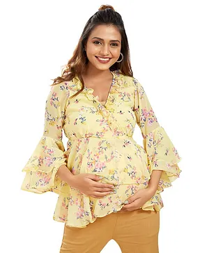 Mom for sure by Ketki Dalal Full Sleeves Flowers Printed & Frill Detailed Maternity Top With Concealed Zipper Nursing Access - Yellow