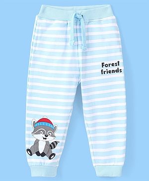 Babyhug Cotton Looper Full Length Lounge Pant With Text & Raccoon Print - Blue & White