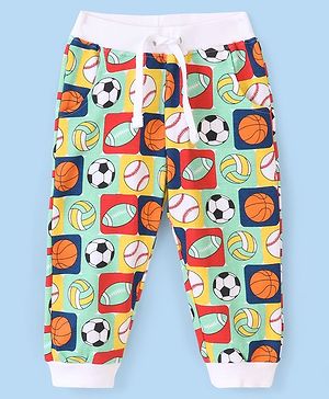 Babyhug Cotton Looper Full Length Lounge Pant With Football & Basketball Print - Green & White