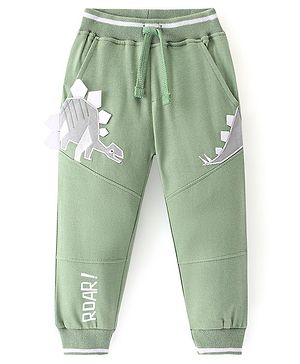 Babyhug Cotton Looper Knit Text Print & Dino Appliqued Lounge Pant - Green