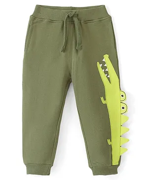 Babyhug Cotton Looper Knit Full Length Lounge Pant With Crocodile Patch- Green