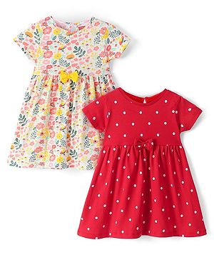 Babyhug Knit Half Sleeves Floral Printed Frocks Pack of 2 - Red & White