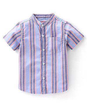 Babyhug Cotton Half Sleeves Mandarin Collared Striped Shirt - Blue