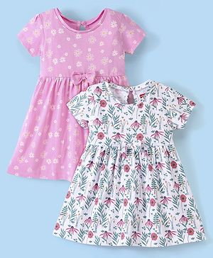Babyhug 100% Cotton Knit Half Sleeves Frock Floral Print Pack of 2 - Pink & White