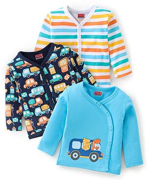 Babyhug 100% Cotton Full Sleeves Vest With Bus & Dino Print Pack of 3 - Navy Blue & White