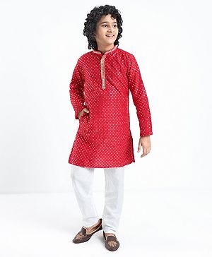 Pine Kids Full Sleeves All Over Sequined Kurta Pyjama Set - Red