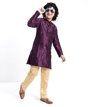 Pine Kids Foil Printed Full Sleeves Kurta Pyjama Set- Plum