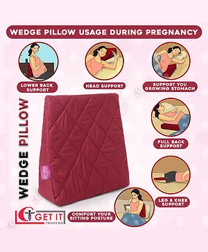 Get It 100% Cotton Multi Use Wedge Pregnancy Pillow With Extra Inner Removable Cover with Zip - Maroon Wedge