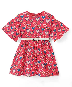 Babyhug 100% Cotton Knit Half Sleeves Light Weight Heart Print Winter Dress with Belt - Red