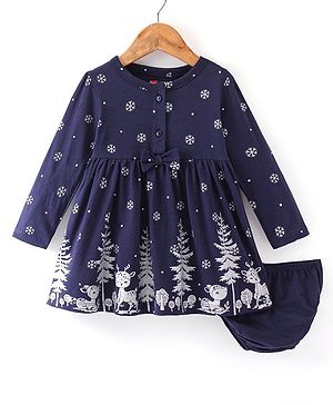 Babyhug 100% Cotton Knit Full Sleeves Frock With Bloomer With Winter Theme Print - Navy Blue
