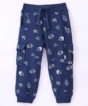 Babyhug Cotton Knit Full Length Lounge Pant Rugby Print - Navy Blue