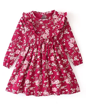 Babyhug 100% Cotton Knit Full Sleeves Dress with Frill Detailing Floral Print - Maroon