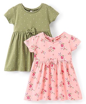 Babyhug 100% Cotton Knit Half Sleeves Floral Printed Dress Pack of 2 - Green & Pink