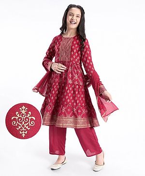 Pine Kids 100% Rayon Woven Full Sleeves Gold Printed Kurti Churidar Set With Dupatta- Maroon
