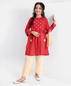 Pine Kids Three Fourth Sleeves Kurti Salwar Set Floral Embroidery - Red