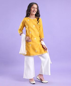 Pine Kids 100% Cotton Woven Embroidered Kurti & Pant Set with Dupatta - Mustard Yellow