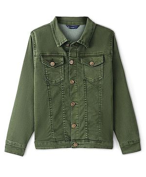 Pine Kids Full Sleeves Washed Denim Jacket - Olive Green
