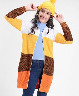 Pine Kids Front Open Sweater With Colour Block Design - Yellow White & Brown