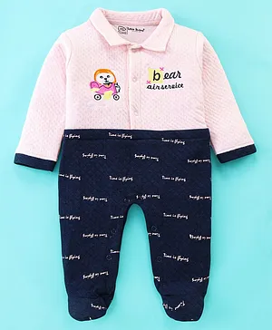 Little Darlings Full Sleeves Bear Print Footed Romper - Pink