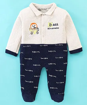 Little Darlings Full Sleeves Bear Print Footed Romper - Offwhite
