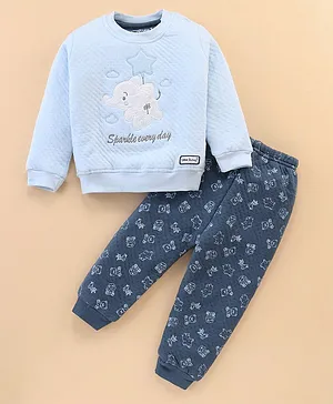 Little Darlings Full Sleeves Winter Night Suit Elephant Embroidered - Sky Blue
