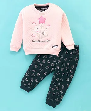 Little Darlings Full Sleeves Winter Night Suit Elephant Embroidered - Pink