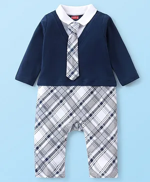 Babyhug Cotton Knit  Full Sleeves Checked Party Romper - Navy Blue