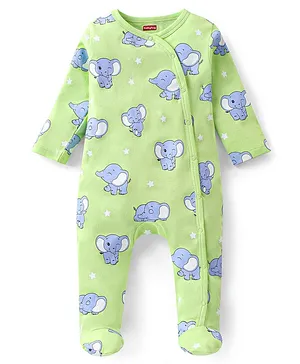 Babyhug Cotton Knit Full Sleeves Footed Sleep Suit Elephant Print - Green