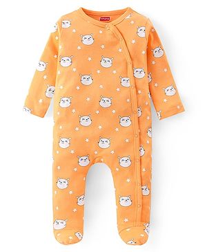 Babyhug Single Jersey Full Sleeves Footed Sleep Suit Kitty Print - Yellow