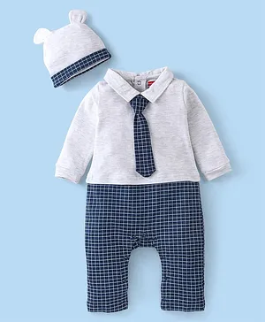 Babyhug Cotton Knit Full Sleeves Party Romper Checked Design & Tie Detailing With Cap- Grey