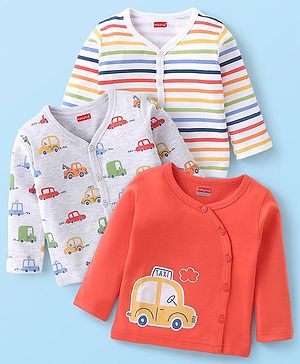 Babyhug Cotton Antibacterial Vest With Car Print Pack of 3 - Red Grey & White