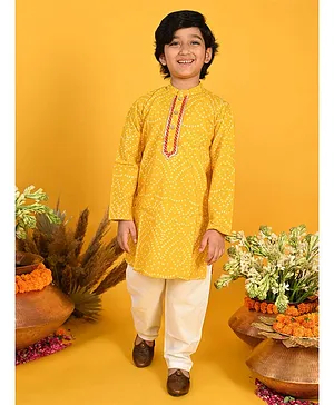 Saka Designs Cotton DC Woven Full Sleeves Kurta Pyjama Set Bandhani Print - Yellow