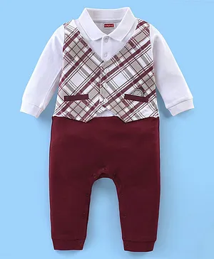 Babyhug Interlock Cotton Knit Full Sleeves Party Romper with Attached Checked Waist Coat - Red