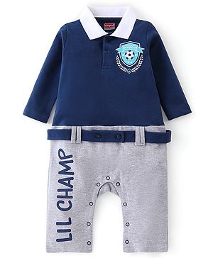 Babyhug Cotton Knit Full Sleeves Rompers Football Print - Navy Blue