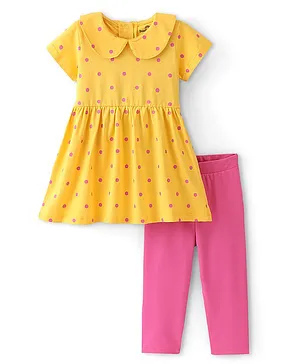 Doodle Poodle 100% Cotton Half Sleeves Polka Dots Printed Frock with Leggings - Yellow & Pink